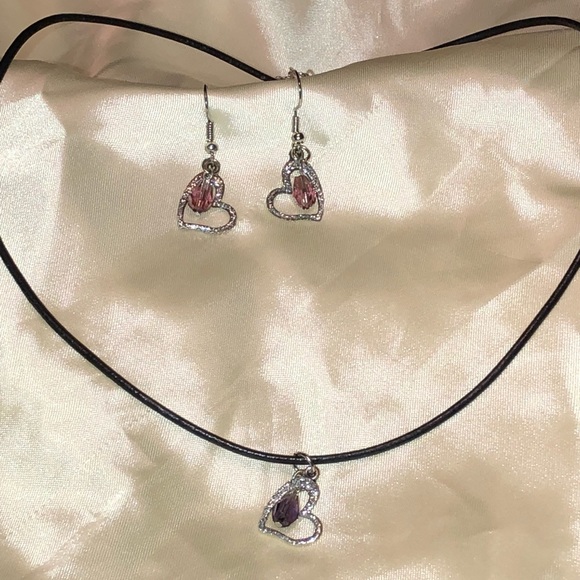 Silver heart w/ purple crystal leather & earrings - Picture 1 of 8